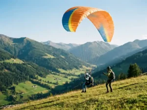 Student paraglider start vanuit een groene Alpenhelling, kleurrijke vleugel omhoog, instructeur nabij, bergvallei op de achtergrond.