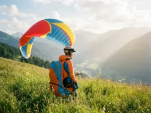 Tiener in paragliding-harnas op een alpiene startplaats, met kleurrijke vleugel en een wijds bergdal op de achtergrond.
