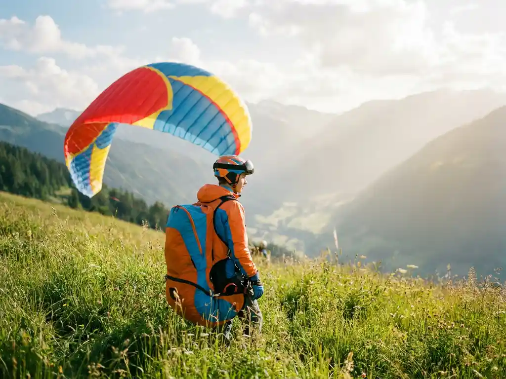 Tiener in paragliding-harnas op een alpiene startplaats, met kleurrijke vleugel en een wijds bergdal op de achtergrond.